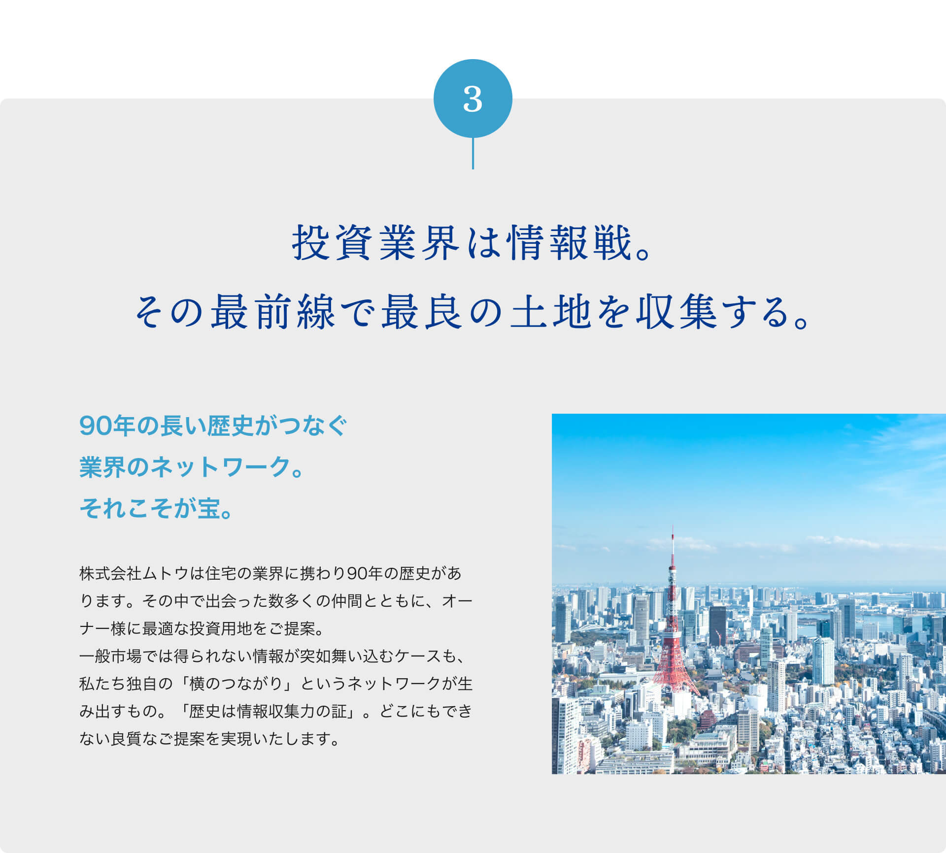 投資業界は情報戦。その最前線で最良の土地を収集する。